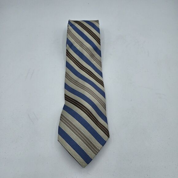 Mens Necktie Pronto Uomo Formal 57"Lx3.5"W Tan, Blue, Striped Silk Vintage - Picture 2 of 6